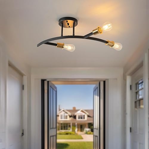 Miniatura 9 de Lámpara de Techo Sputnik Moderna de Montaje Semiempotrado, Color Negro y Dorado, 5 Luces Candelabro Sputnik de Mediados de Siglo para Comedor, 5