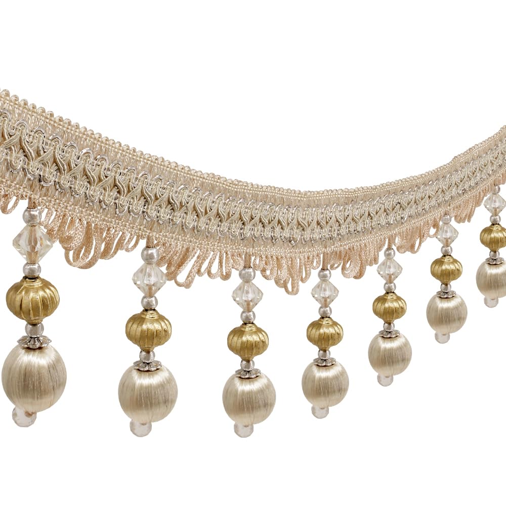 EMDOMO Tassel Fringe Trim Beaded Tassel Fringing Trimmings Ball Fringe Lampshades Trim Sewing Fringe Fring Trimming Upholstery Drapery 6 Yards (Beige)