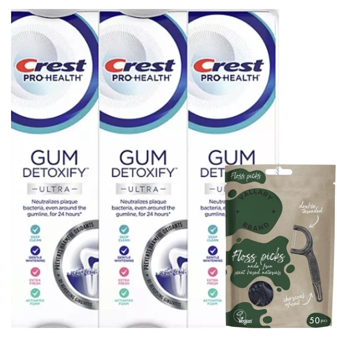 Crest Pro-Health Gum Detoxify Ultra Toothpaste with Gentle Whitening 4.7 oz (Pack of 3) Bundle with Vallary Floss Picks (50ct)
