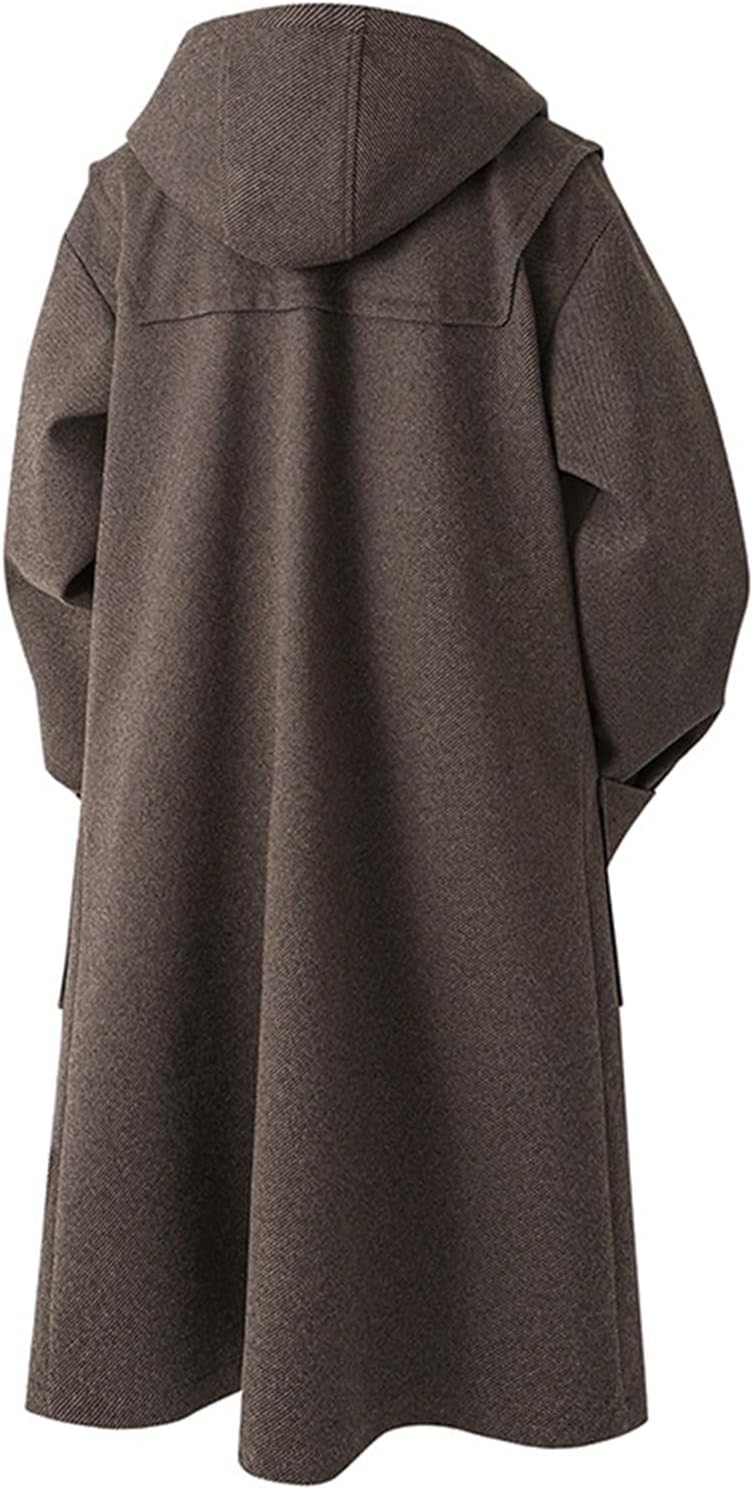 Men's Hooded Trench Coat Horn Button Long Pea Coat Jacket Casual Fall Winter Overcoat