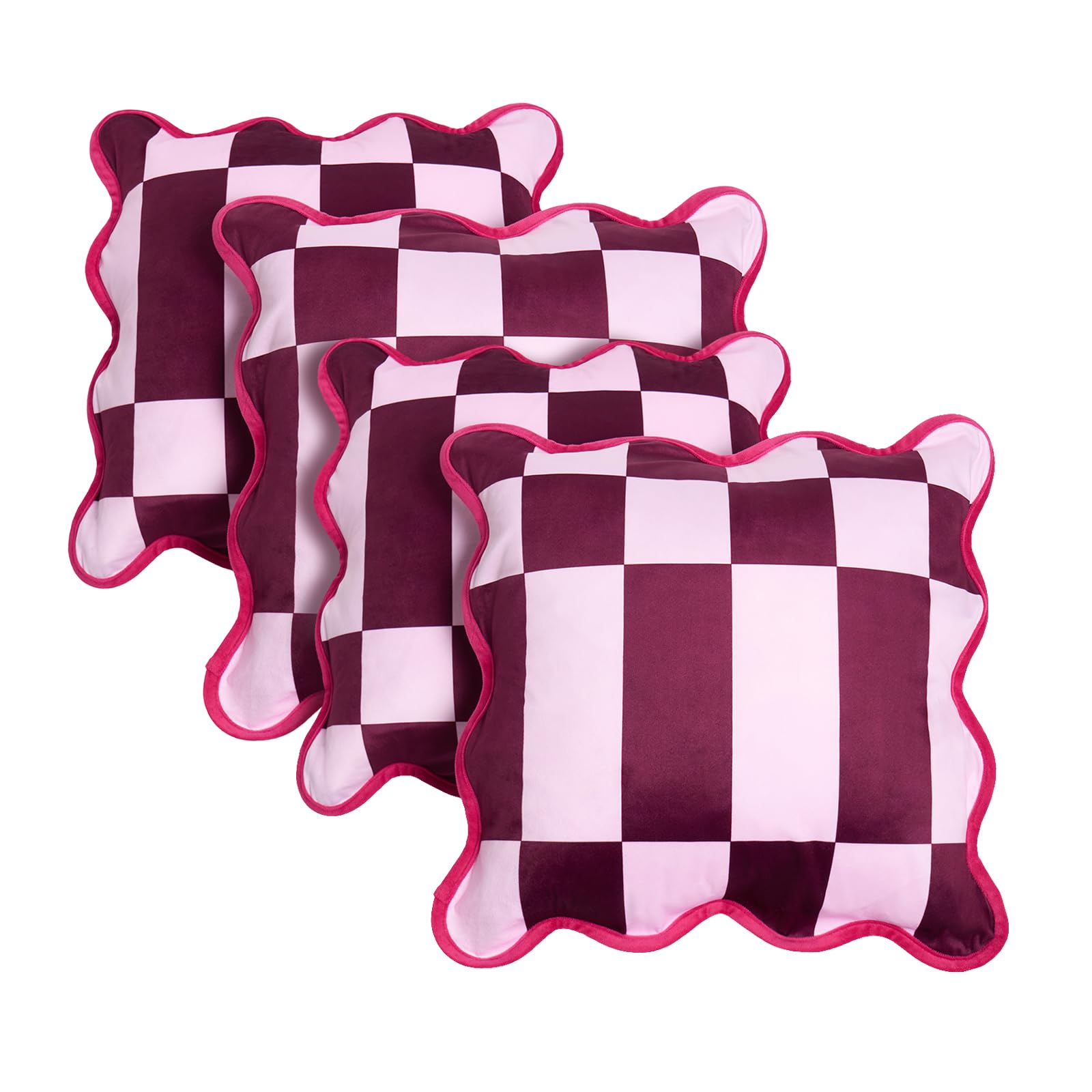 Ohs Women's Burgundy/Pink Checkerboard Cushion Covers 45 X 45 Scallop Edge, Matte Velvet Cushion Covers With Invisible Home Decor Throw Pillow Cover For Sofa Bedroom Living Room,