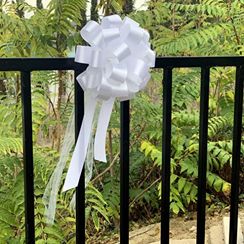 White Wedding Pull Bows With Tulle Tails - 8" Wide, Set Of 6, Wedding Pew Bows, Mother's Day, Reception, Christmas, Birthday, Anniversary, Event Decoration, Valentine's Day #TOP3