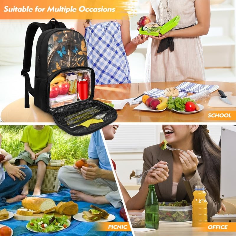 Metal Clock Butterfly Insulated Lunch Backpack for Women Retro Modern Clock Insulated Cooler Backpack Lunch Box Yellow Blue Butterflies Prep Backpack for Picnic College Travel4