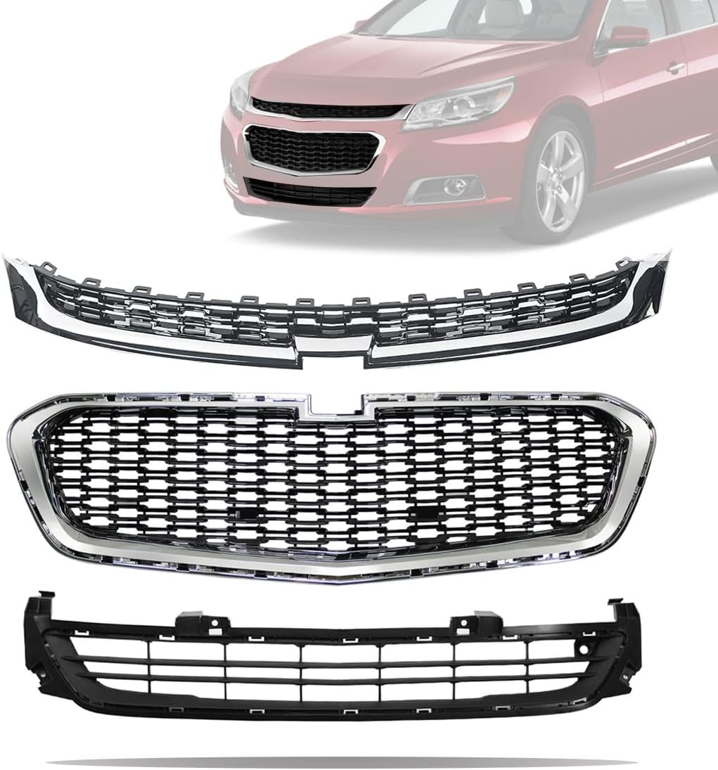 3pcs Front Upper Center Lower Grille Set Fit for 2014 2015 2016 Chevy Malibu Sedan Chrome Black Factory Bumper Grill Replaces GM1200675 GM1200682 GM1036160