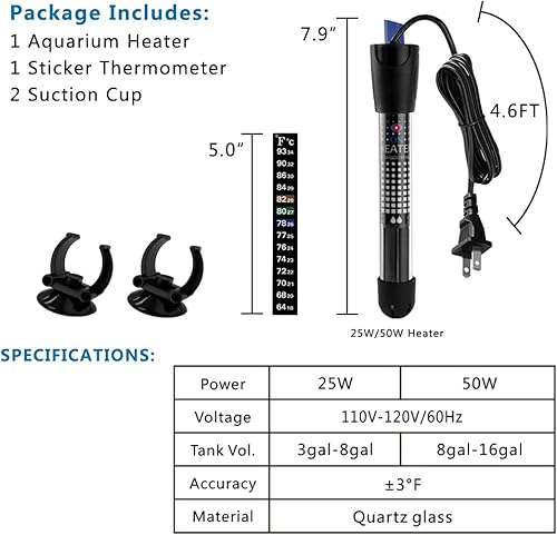 Miniatura 5 de DOMICA Calentador de acuario ajustable de 50 W, calentador de agua sumergible para pecera pequeña (8-16 galones) con termómetro adhesivo gratis