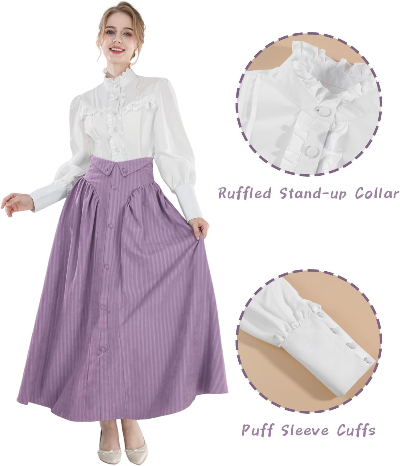 NSPSTT Victorian Edwardian Dress for Women 1800s Dress for Women Renaissance Costume Blouse Skirt 2PC Outfits