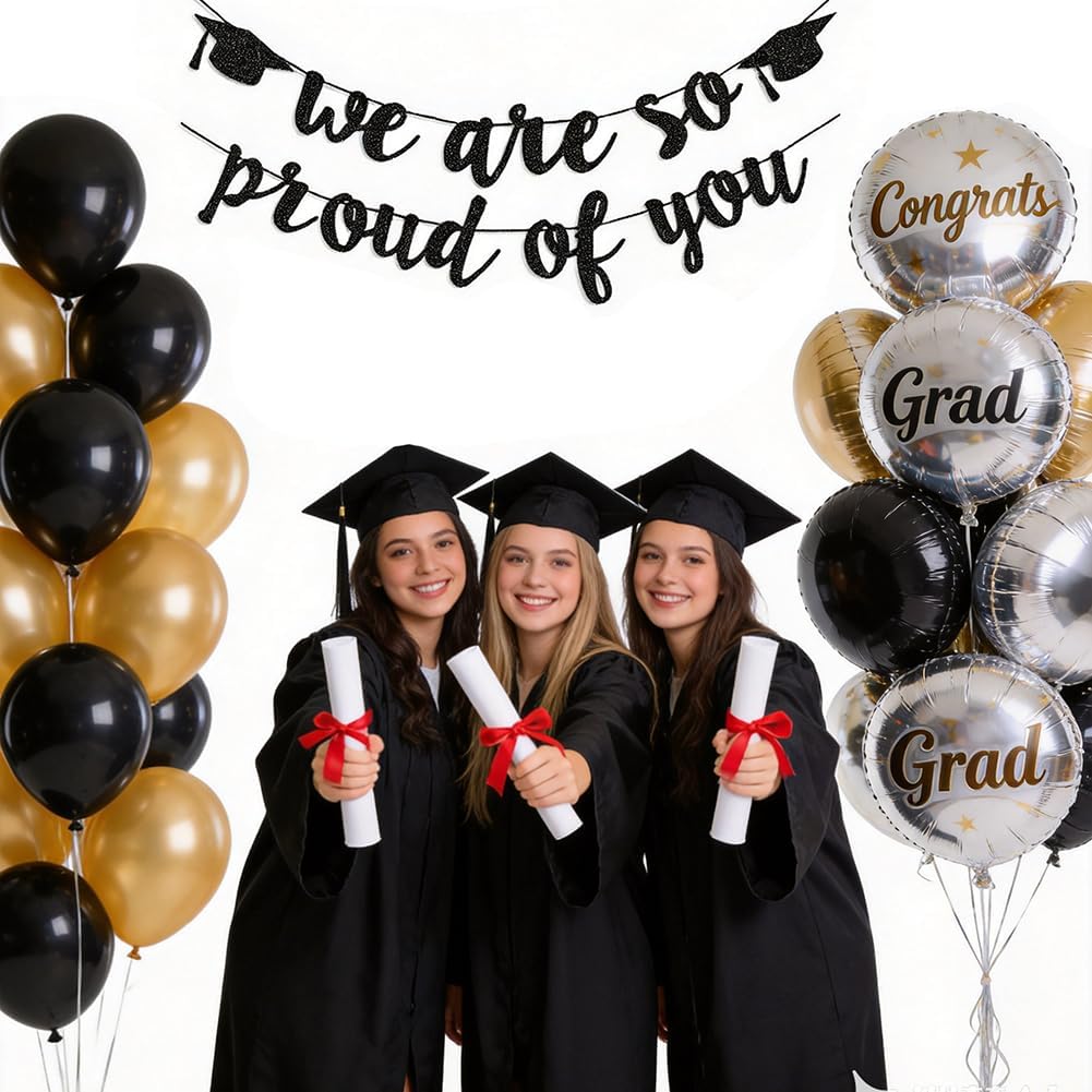 2021 banery z okazji ukończenia szkoły, dekoracje imprezowe, czarny brokat 'We are So Proud of You' banery z okazji ukończenia szkoły, domu, dekoracje samochodowe