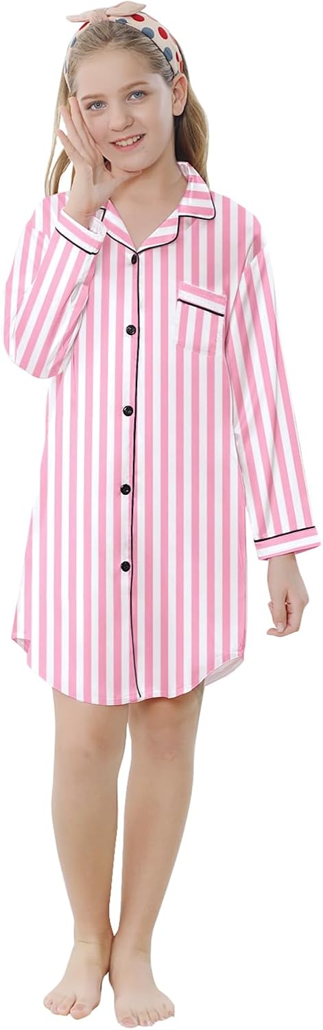 Schbbbta Girls Long Sleeve Satin Nightshirt Dress Button Down Nightgown Silky Sleepwear