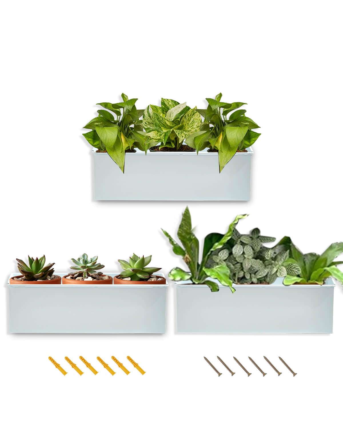 vensovo Metal Wall Hanging Planter Boxes – 12" Rectangle Flower Pots, 3 Pack with Drainage, Durable Galvanized Finish for Indoor Outdoor Balcony Fence Windowsill, White