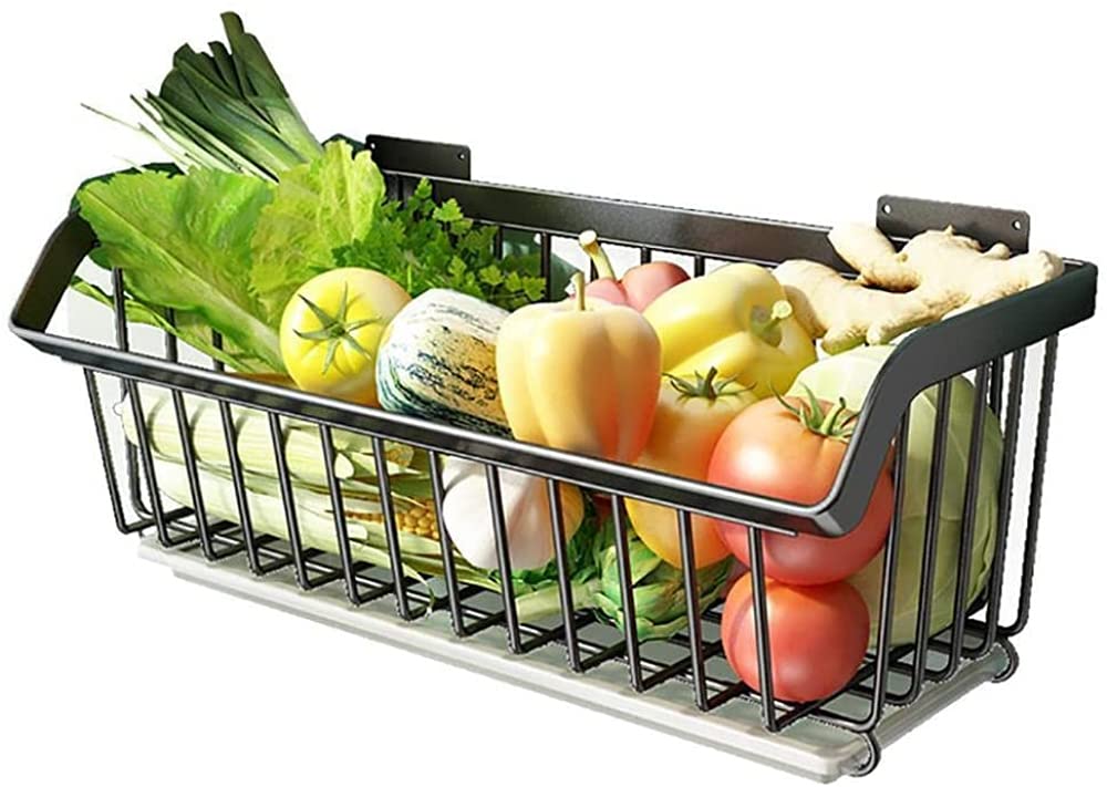 Cesta de metal escurrida para colgar verduras con diseño ventilado negro