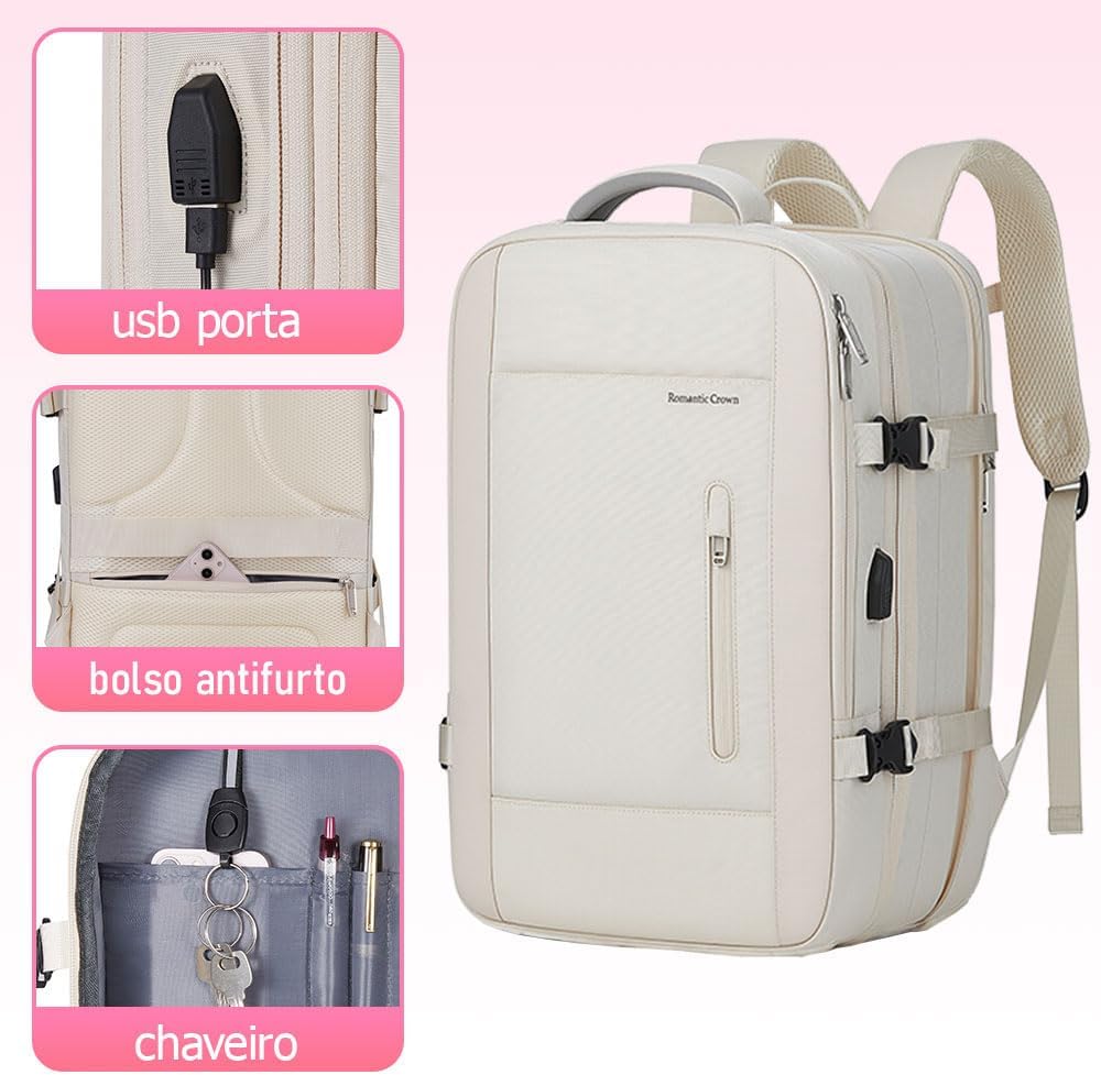 Imagem frontal da mochila com fundo rosa suave.