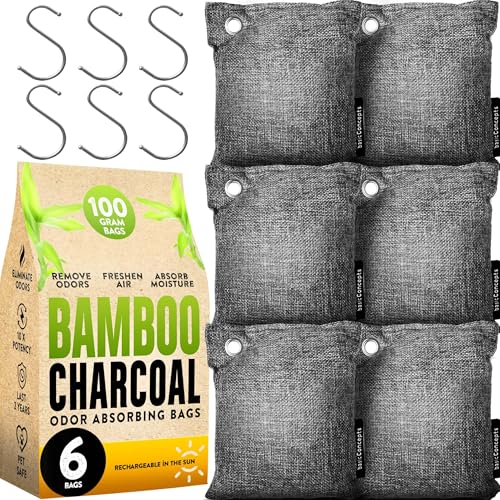 Set of six grey bamboo charcoal bags — shows how a single purchase covers multiple closets, shoes and small enclosed spaces
