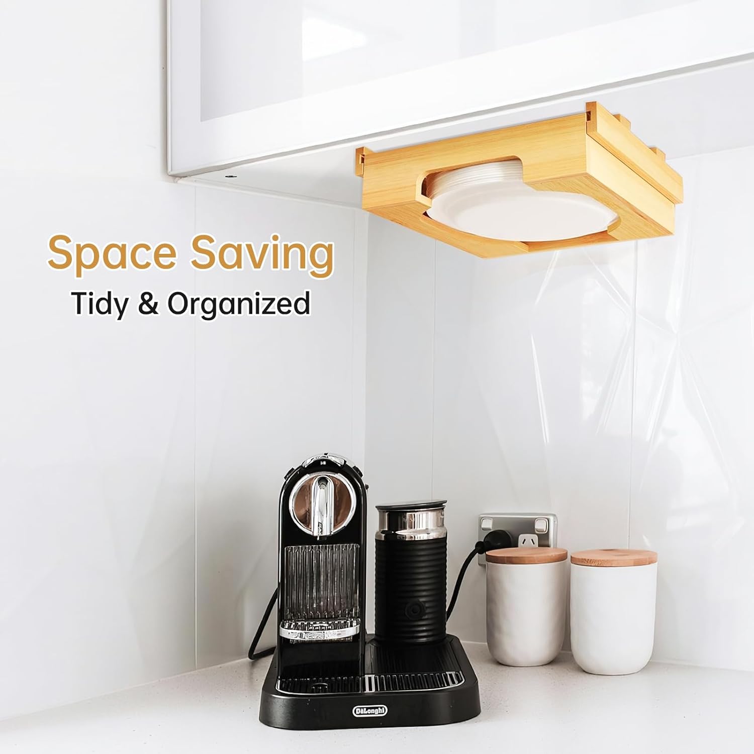 Paper Plate Dispenser - 10 inch Bamboo Paper Plate Dispenser Under Cabinet, Kitchen Counter Vertical Plate Holder Organizer Countertop Caddy (Bamboo)
