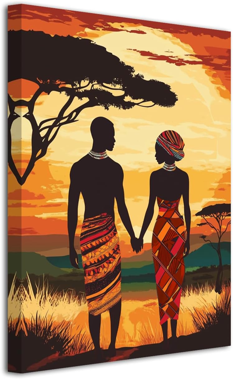LZIMU Black Couple Picture African American Wall Art Afro Man and Woman Canvas Painting African Tribal Prints Black Love Artwork for Bedroom Decor Framed (18L x 12W)