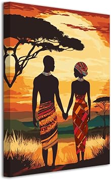 LZIMU Black Couple Picture African American Wall Art Afro Man and Woman Canvas Painting African Tribal Prints Black Love Artwork for Bedroom Decor Framed 18L x 12W