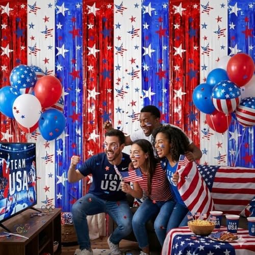 Image of 3 Pack 4th of July Foil Fringe Curtains - Unique Red White Blue Tinsel Backdrop - Patriotic Party Decorations & Photo Booth Supplies for Memorial Day, Veterans Day & Welcome Home Event