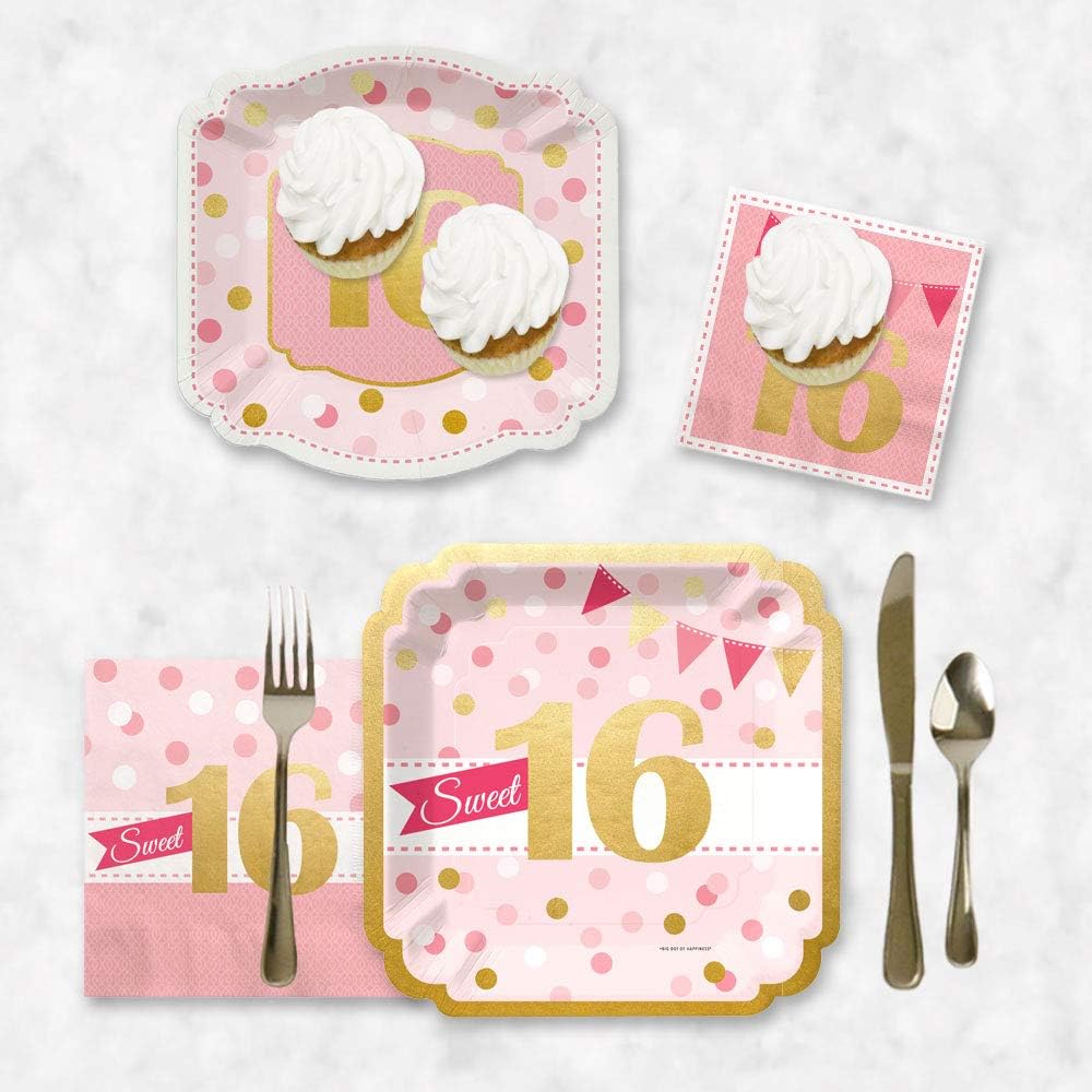 One-Day Sale: Up to 40% Off Big Dot of Happiness Sweet 16 with Gold Foil - 16th Birthday Party Tableware Plates and Napkins - Bundle for 16
