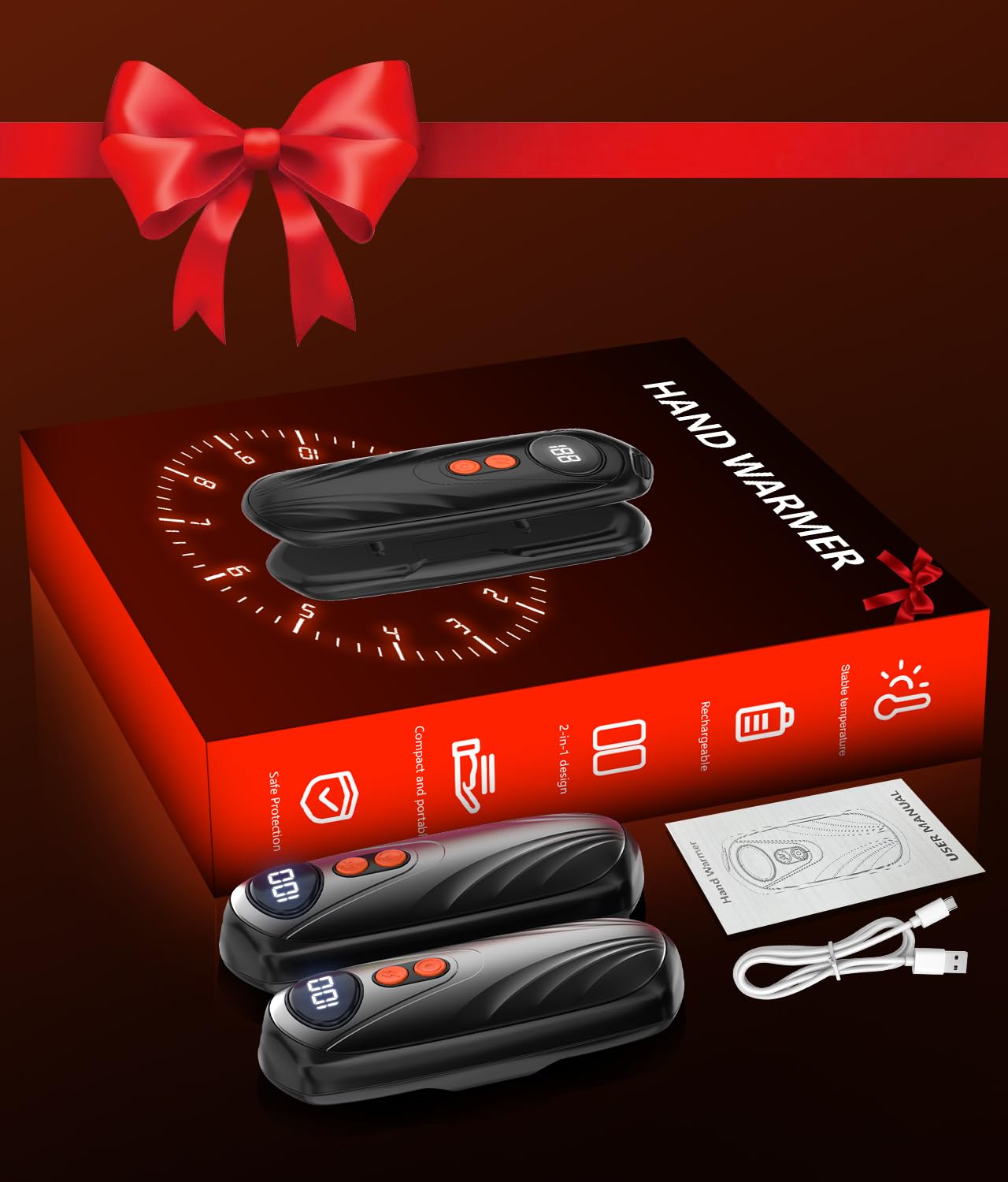 Scaldamani Elettrico 2 Pezzi, Scalda Mani Ricaricabile Portatile 6000mAh, 5 Livelli di Riscaldamento, Scaldamani Riutilizzabile per Campeggio, Escursionismo, Caccia, Regalo per Uomini e Donne