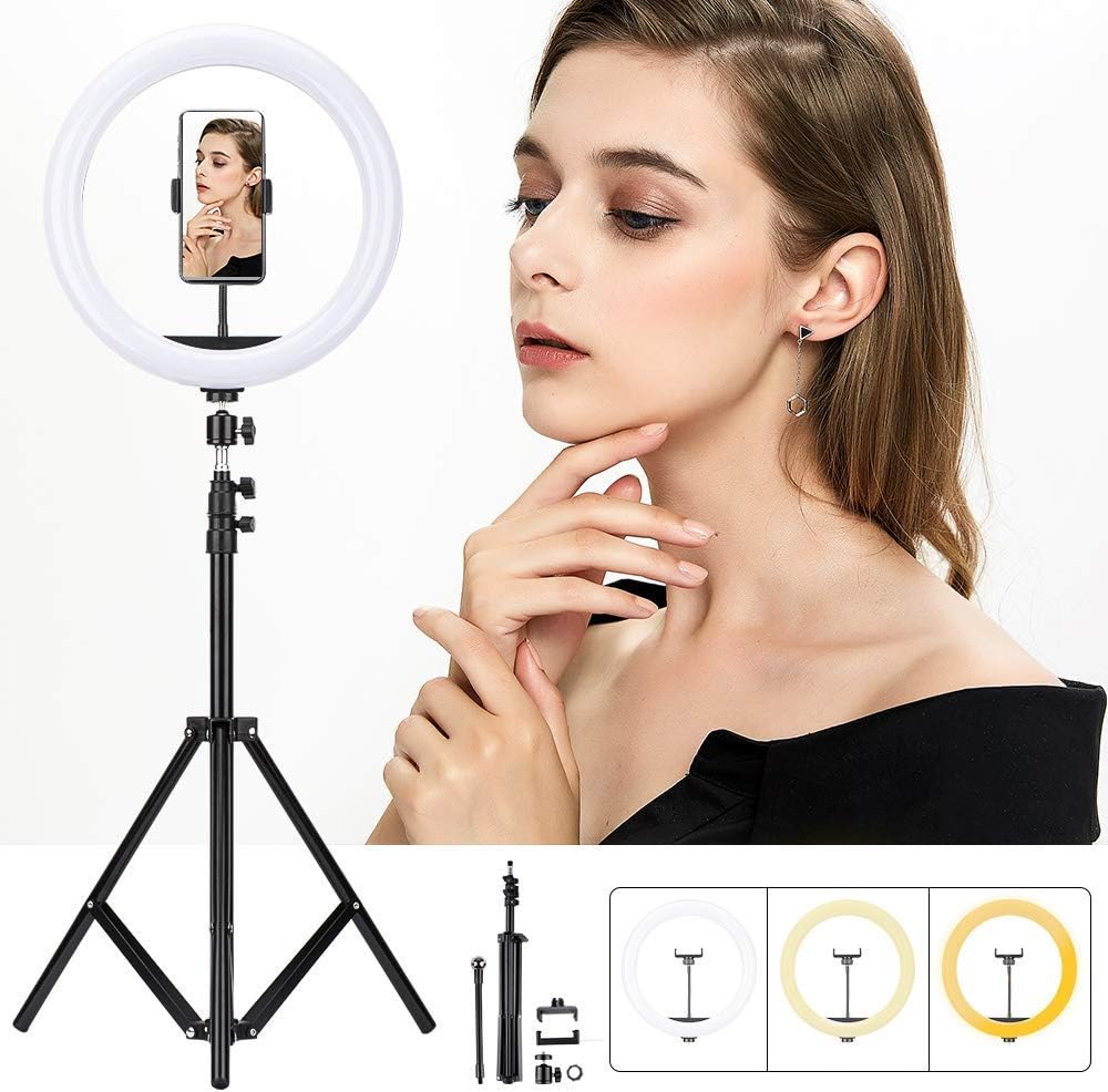 12” LED Ring Light with Tripod Stand & Phone Holder, 10 Dimmable Brightness & 3 Colors Light for Live Stream/Makeup Led RingLight, LED Camera for YouTube Video, Selfie Photography