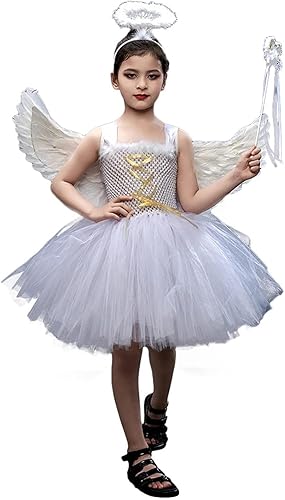 Disfraz de tul de ángel de Halloween para niñas con alas de ángel de plumas, halo y varita mágica
