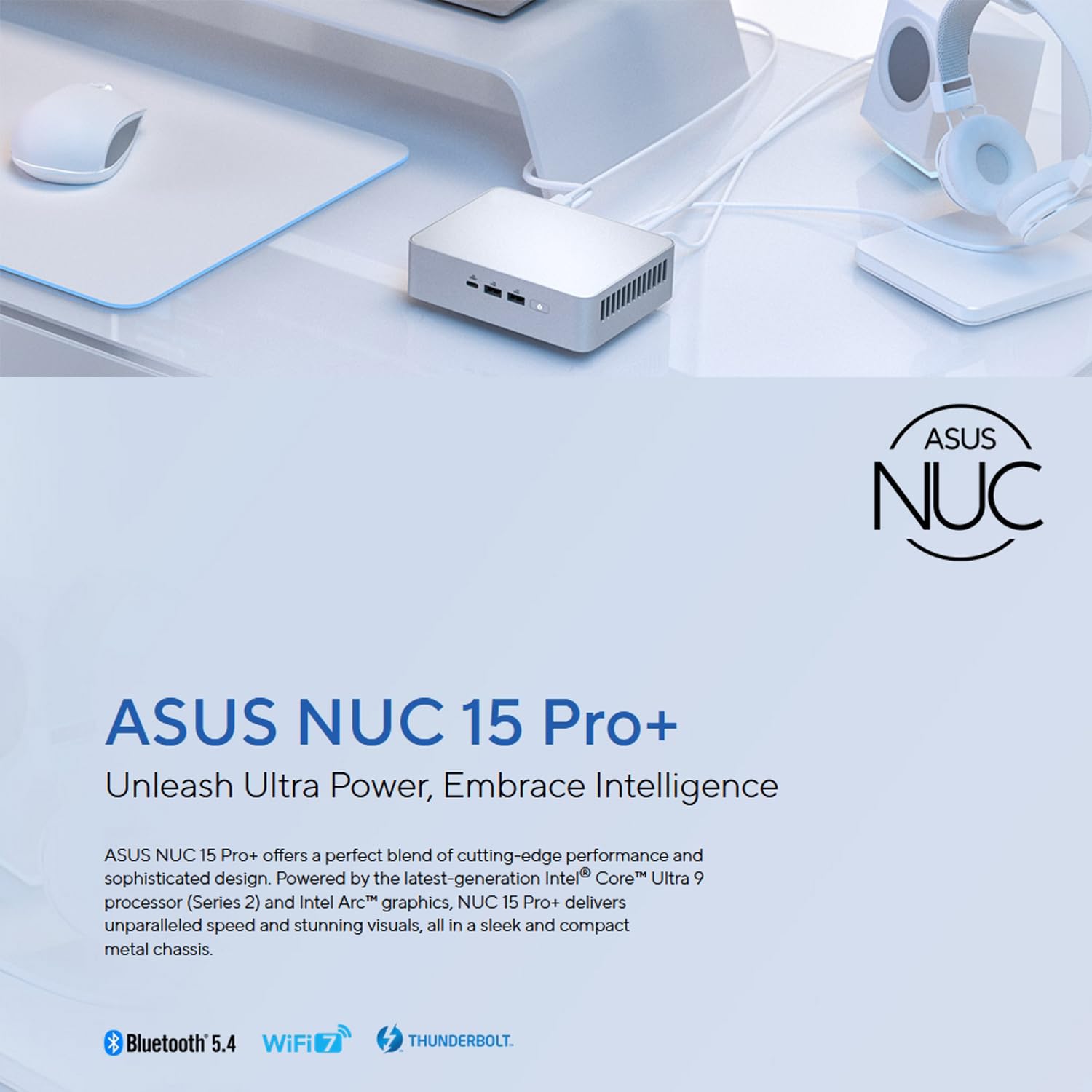 NUC 15 Pro+ NUC15CRSU9 - Elegante mini PC con processore Intel Core Ultra 9, grafica ad arco, Dual HDMI, Thunderbolt 4, ideale per lavoro, giochi e creatività (SSD da 64 GB DDR5-5600/2 TB)