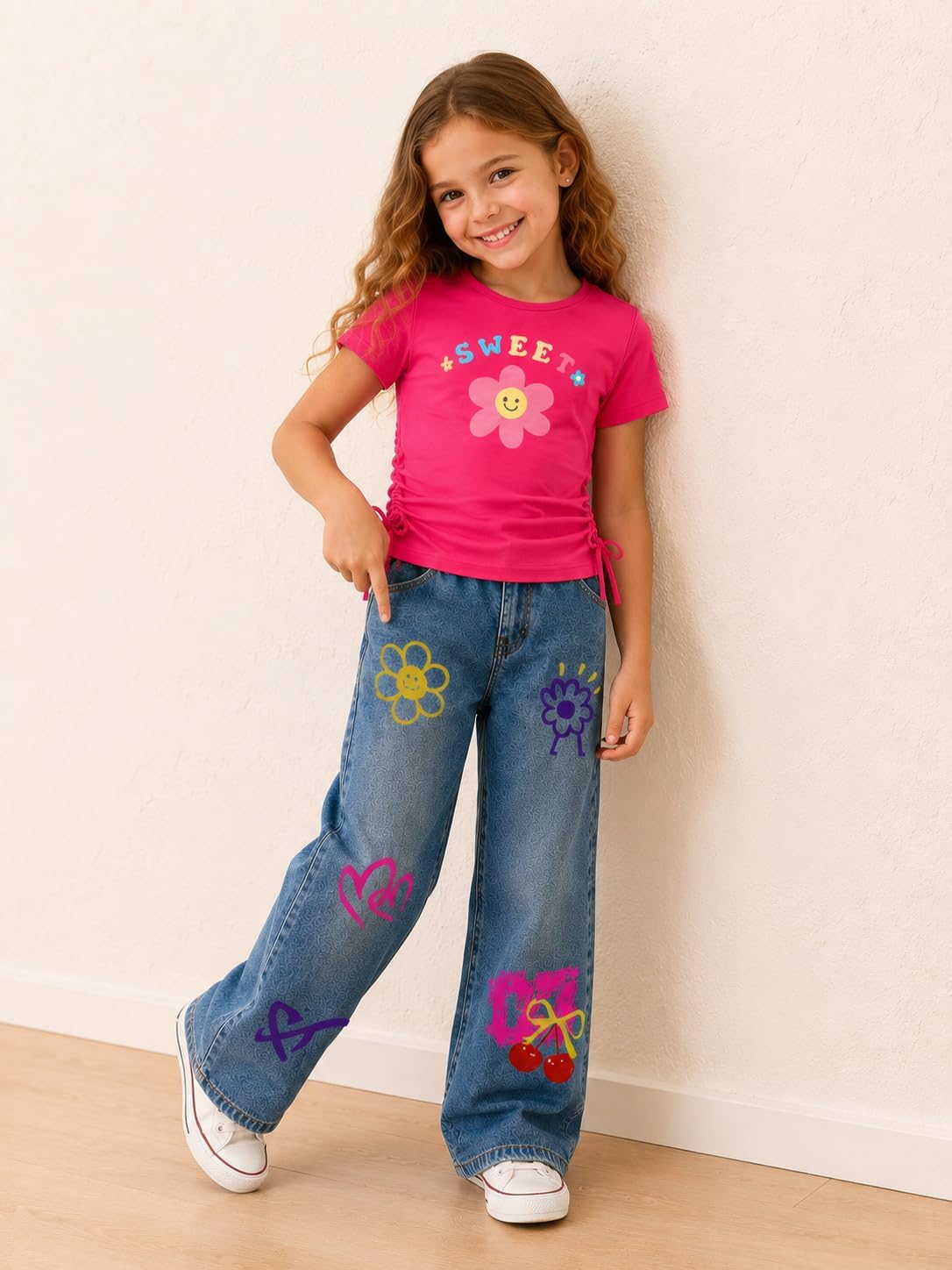 Toddler Kids Girls Clothes Short Sleeve Top + Straight Leg Jeans 2PCS Summer & Fall Casual Outfits Set for Size 4-8T