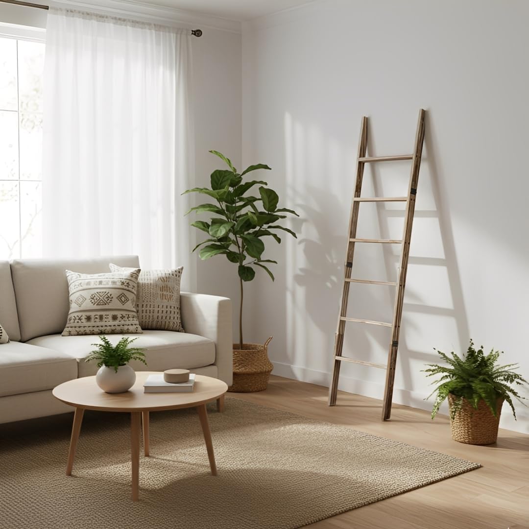 Blanket Ladder for Living Room 6-Tier, Wooden Decorative Quilt Holder for Bed Room, Wall-Leaning Towel Rack for Bathroom, Decorative Blanket Ladder Wood for Home Decor & Display (Dark Wash)