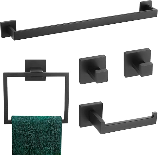KOKOSIRI Bath Towel Bar Set Bathroom Hardware Accessories Set Toilet Paper Holder Towel Holder Towel Ring Coat Hook Wall Mount Stainless Steel, Matte Black, B09A5-BK