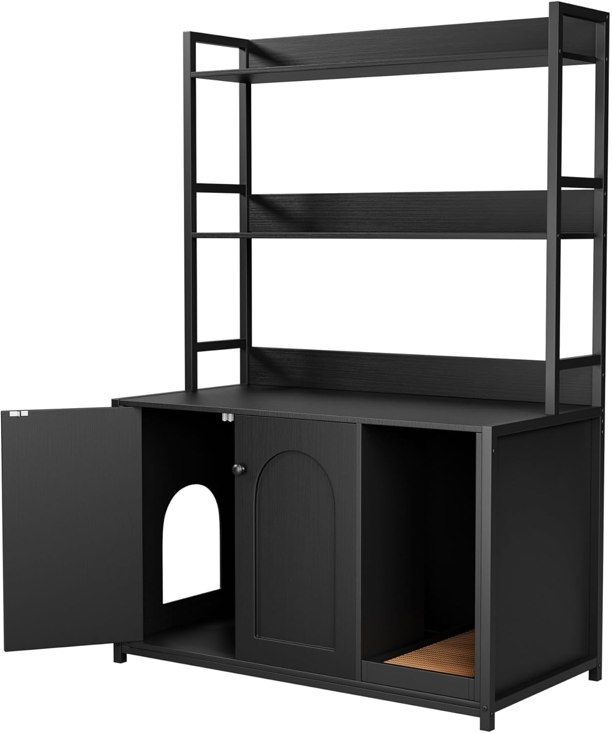 Litter Box Enclosure with 2 Storage Shelves Black Hidden Cat Litter Box Furniture with Scratch Pad, Indoor Cat House Kitty Box Washroom Cat Bookshelf Cabinet