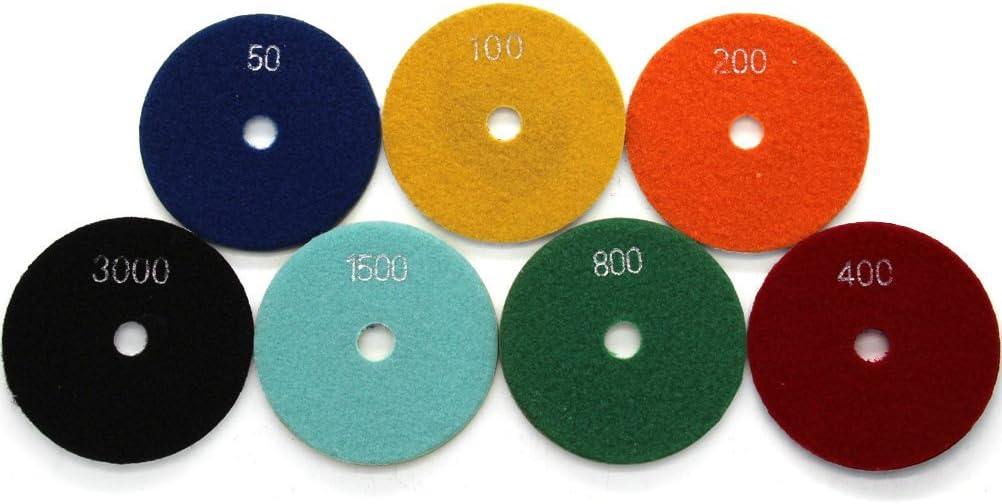 Diamond Wet 7-Step Polishing Sanding Grinding Pads 7 Pcs Set for Granite Marble Stone 4 Inch Grit 50-3000