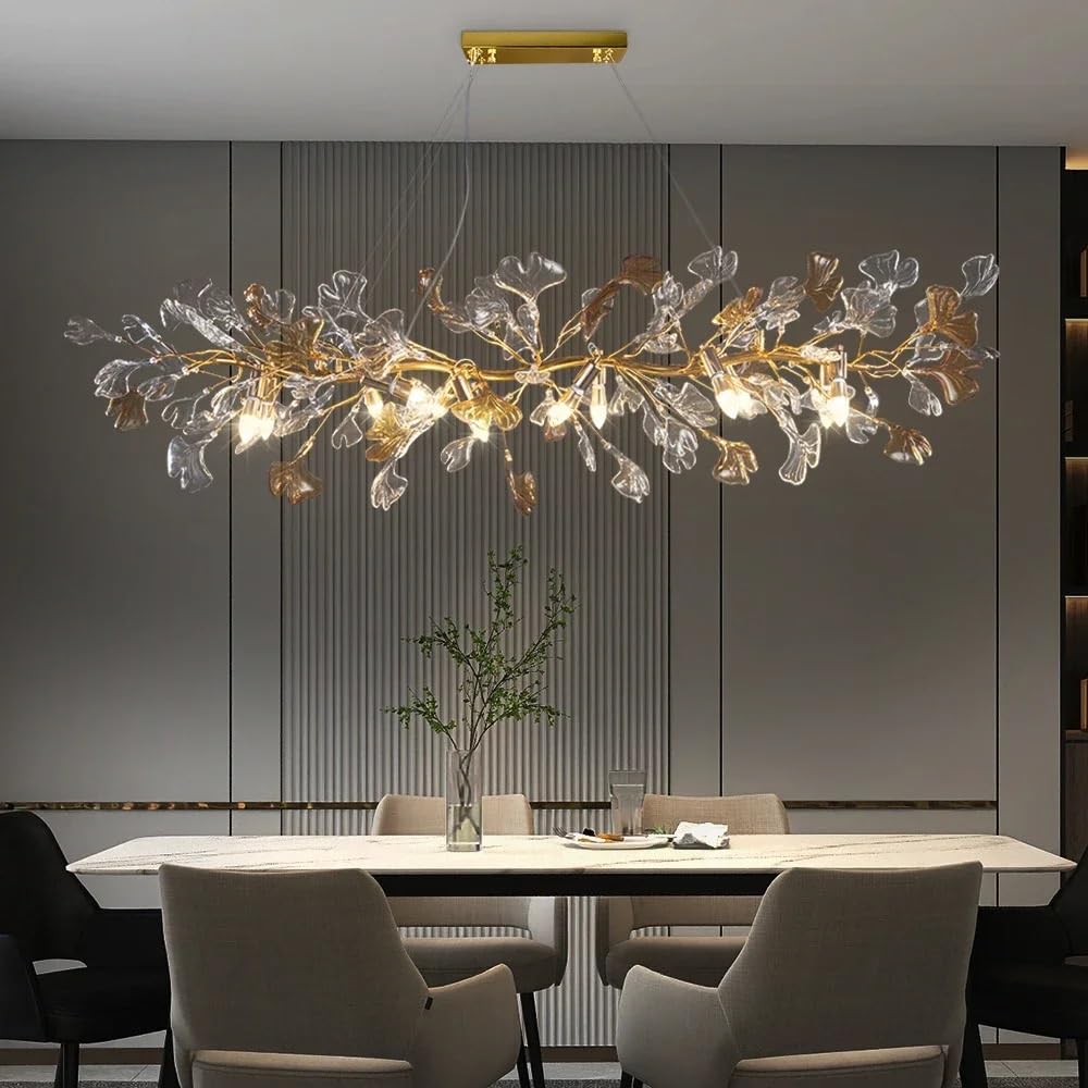 Générique Lustre, Lustre en cristal suspendu nordique for chambre salon salle à manger feuille de verre ronde lustre luxe lustres branche(Neutral Light,Long 120cm)