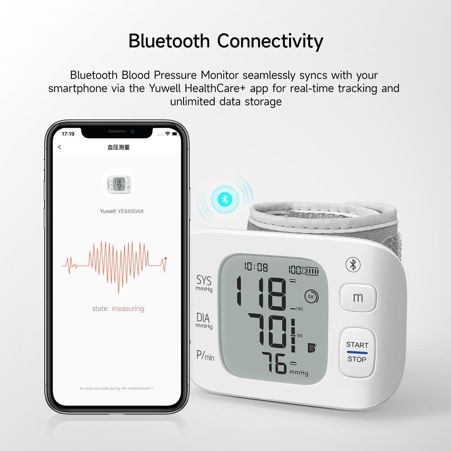 yuwell Rechargeable Wrist Blood Pressure Monitors for Home Use, Large Wrist Cuff with Irregular Heartbeat, with Bluetooth Wireless Technology to Healthcare+ App for Unlimited Free Measurements