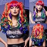 HAIRCUBE Long Curly Cosplay Rainbow Wig with 2 Ponytails Pigtails Cute Wigs Multi-color for Costume Party Halloween Christamas Wig (Red/Blue/Yellow)