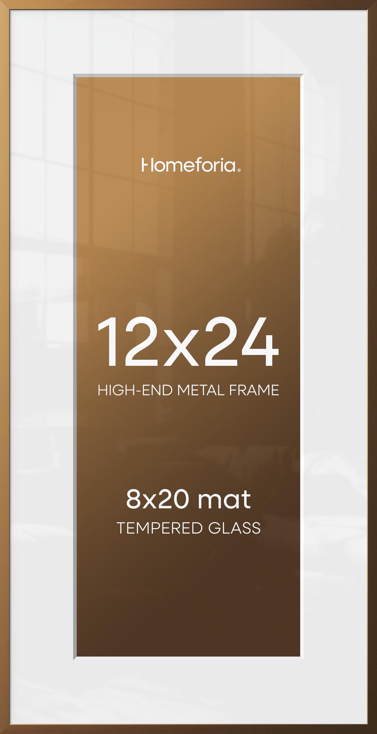 Homeforia 12x24 Bronze Picture Frame, High-End Metal, 8x20 Mat, Glass | High End Aluminum, Tempered Glass, Acid-Free 8x20 Removable Mat, 12x24 in Edge-to-Edge Display 24x12, Wall Kit, Set Of 1