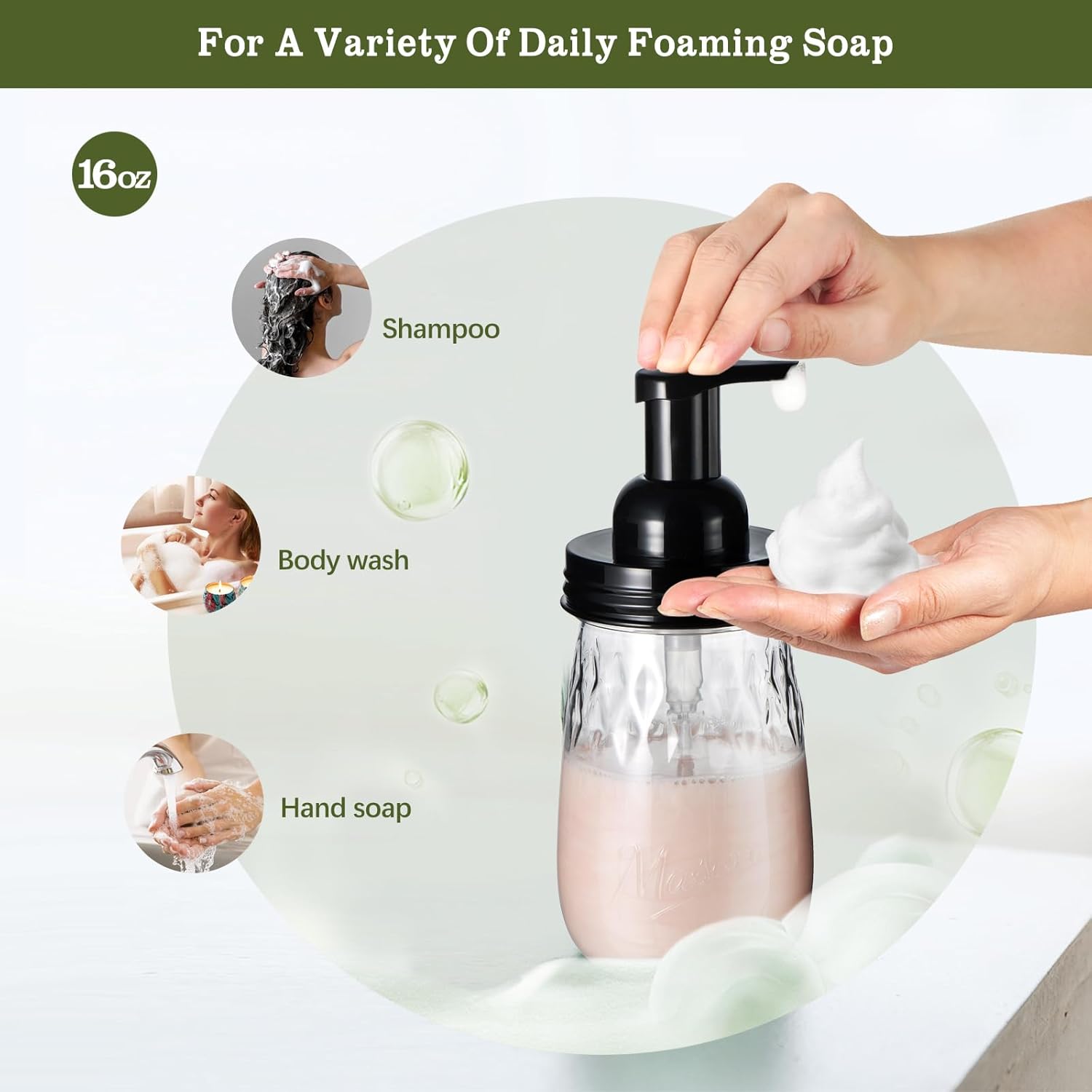 Amolliar 16Oz Foaming Soap Dispenser with Pump Lid, Plastic Refillable Foam Hand Dish Soap Dispenser Set, Clear Diamond Dispenser with Lable for Farmhouse Kitchen Bathroom (2 Pack, Black) - Image 3