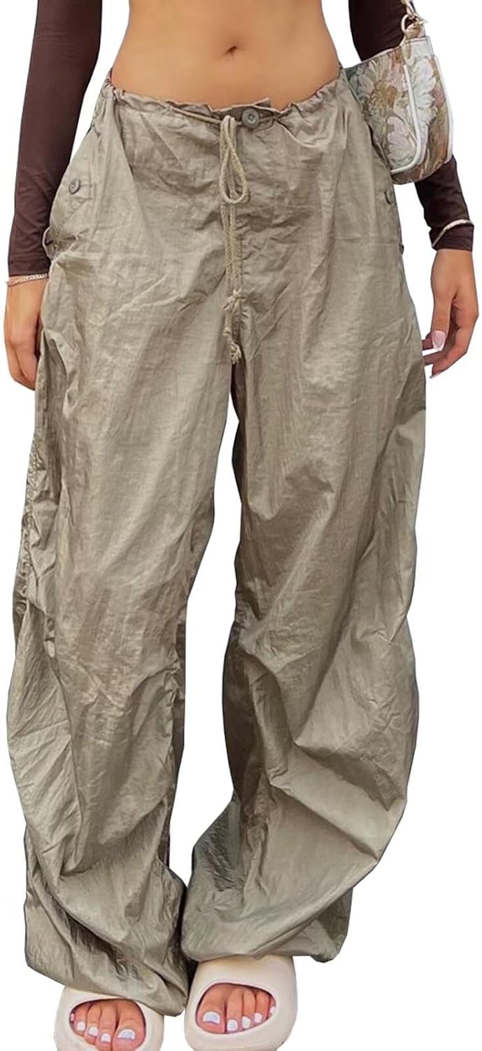 Neyaolk Parachute Pants for Women, Drawstring Elastic Low Waist Y2k Cargo Pants Women Baggy with Pockets