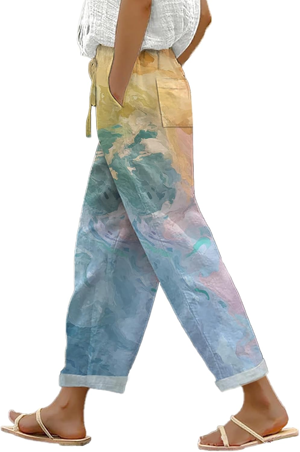 Womens Casual Trousers Trendy Boho Floral Loose Fit Lightweight Drawstring Elastic Waist Pants with Pockets