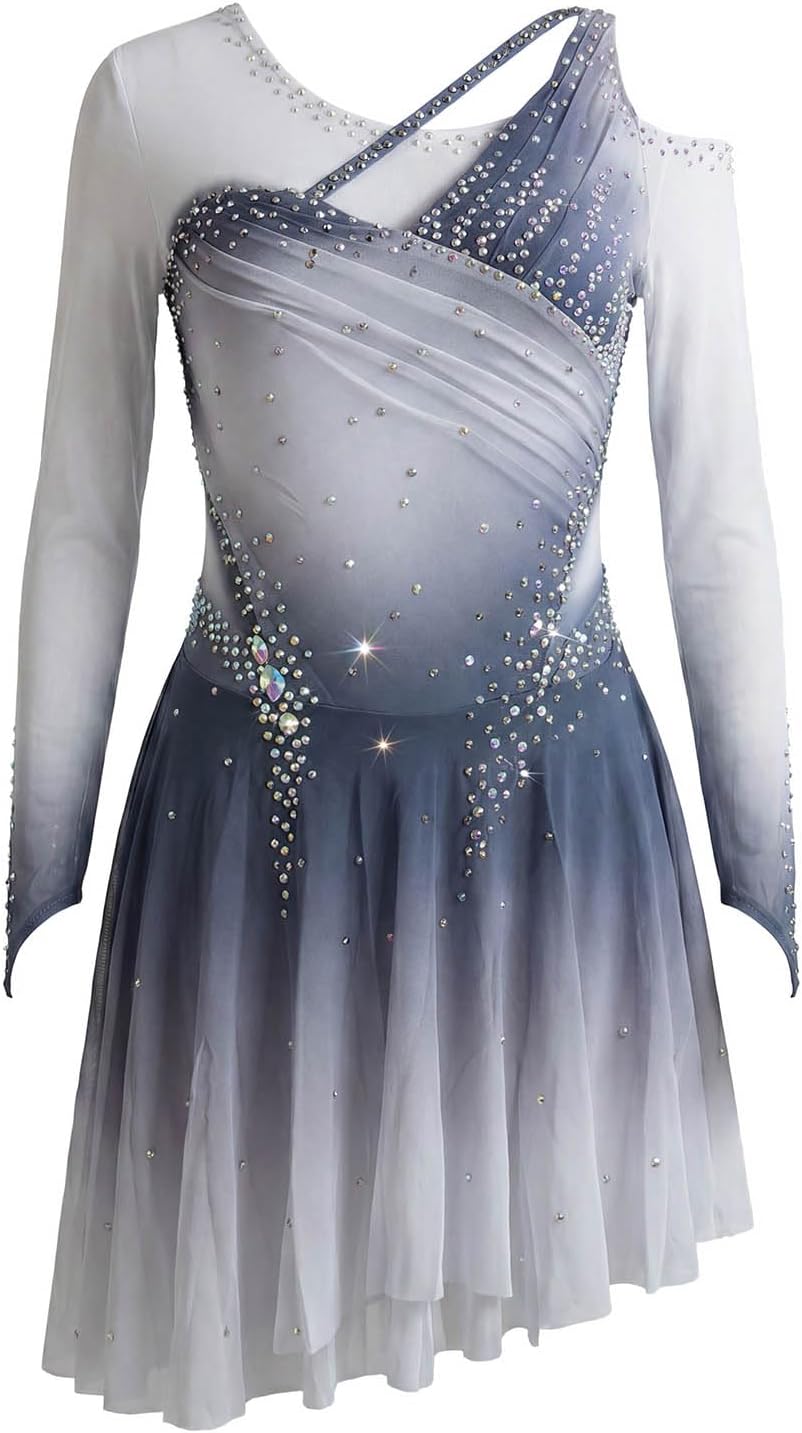 LIUHUO Ice Figure Skating Dress Women's Girls Gray Gradient Long Sleeves Competition Elasticity Comfortable Breathable
