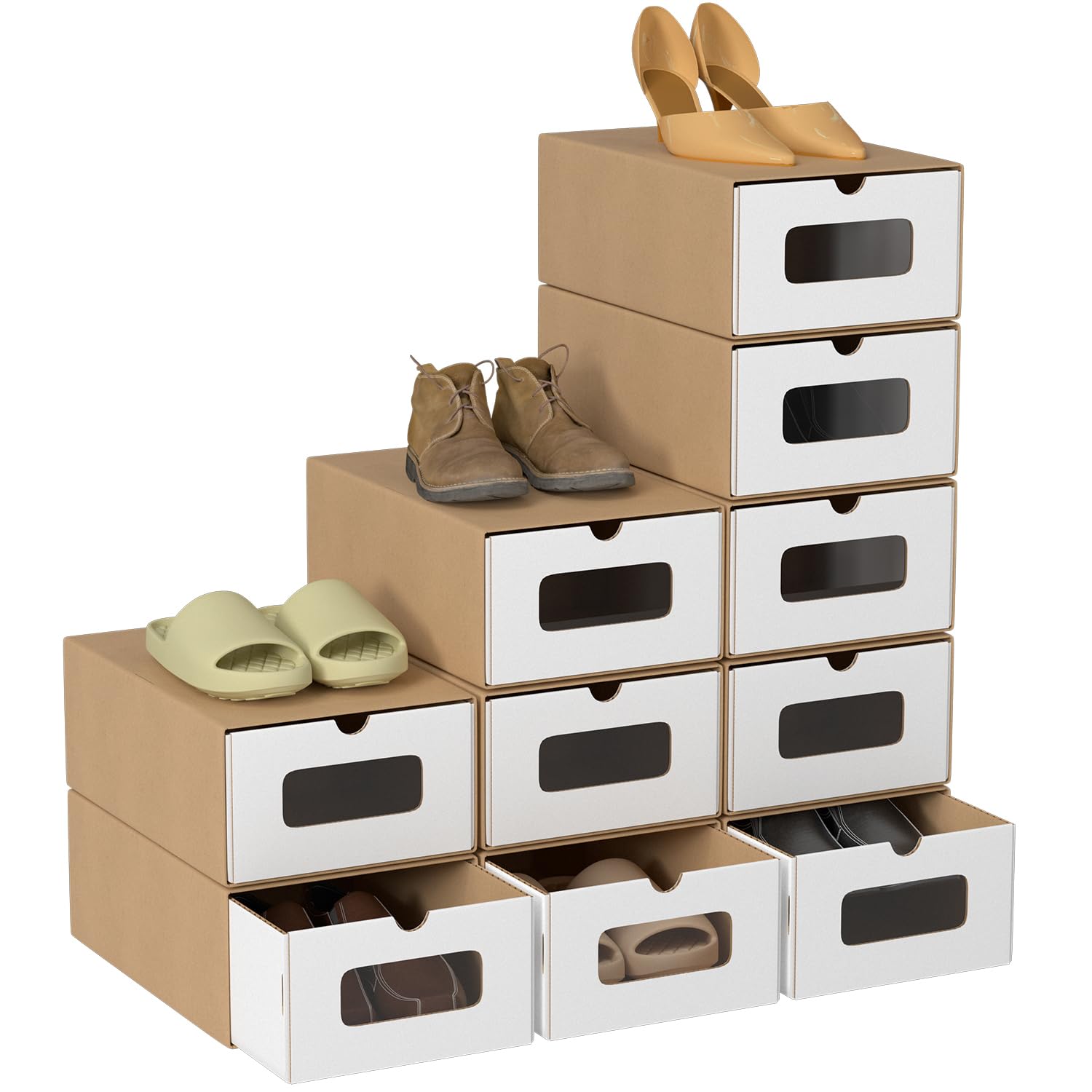Lote de 20 cajas de almacenamiento de zapatos en cartón blanco puro con ventana – Cajas de zapatos plegables de papel kraft, apilables, 35 × 23 × 13 cm