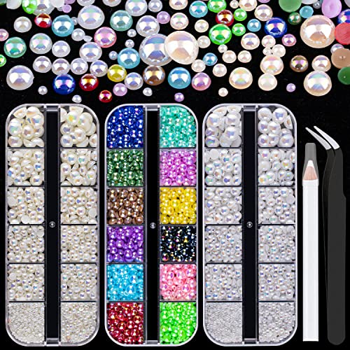 3800 Pcs 3 Boxes Flat Back Pearls Kits Flatback Colorful Ab+White Ab+Beige Ab Half Round Pearls With Pickup Pencil And Tweezer For Home Diy And Professional Nail Art, Face Makeup And Craft #TOP21