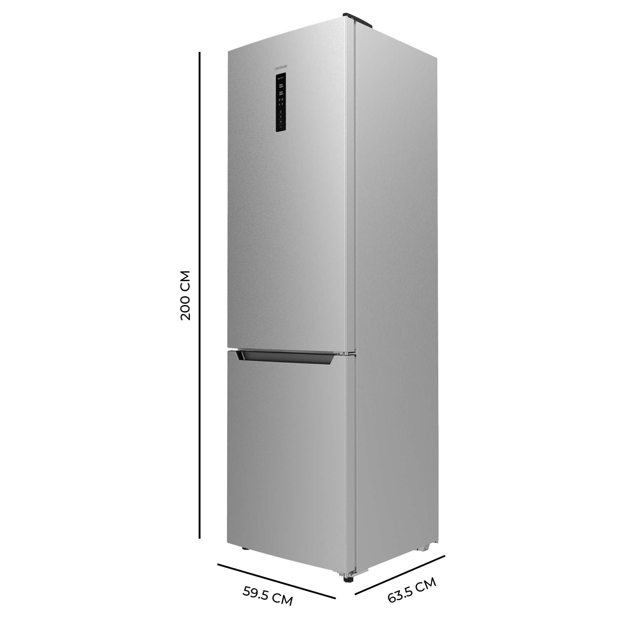 Cecotec Frigorífico Combi Bolero CoolMarket Combi 356 Inox E. Compresor Inverter Plus Frigorífico Combi Inox 200X59.5Cm, 356L, No Frost, Clase E, Multiairflow, Fast Cooling, Puerta Reversible