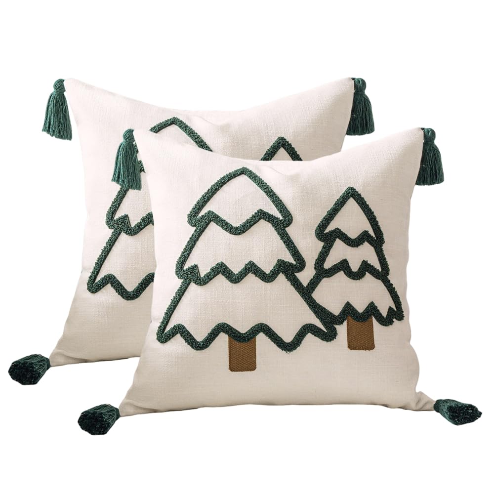 MiOYOOW Christmas Tree Cushion Covers, 2PCS Tassel Christmas Throw Pillow Cover Wear Resistant Winter Xmas Tree Pillowcase for Home Couch Sofa Holiday Decor
