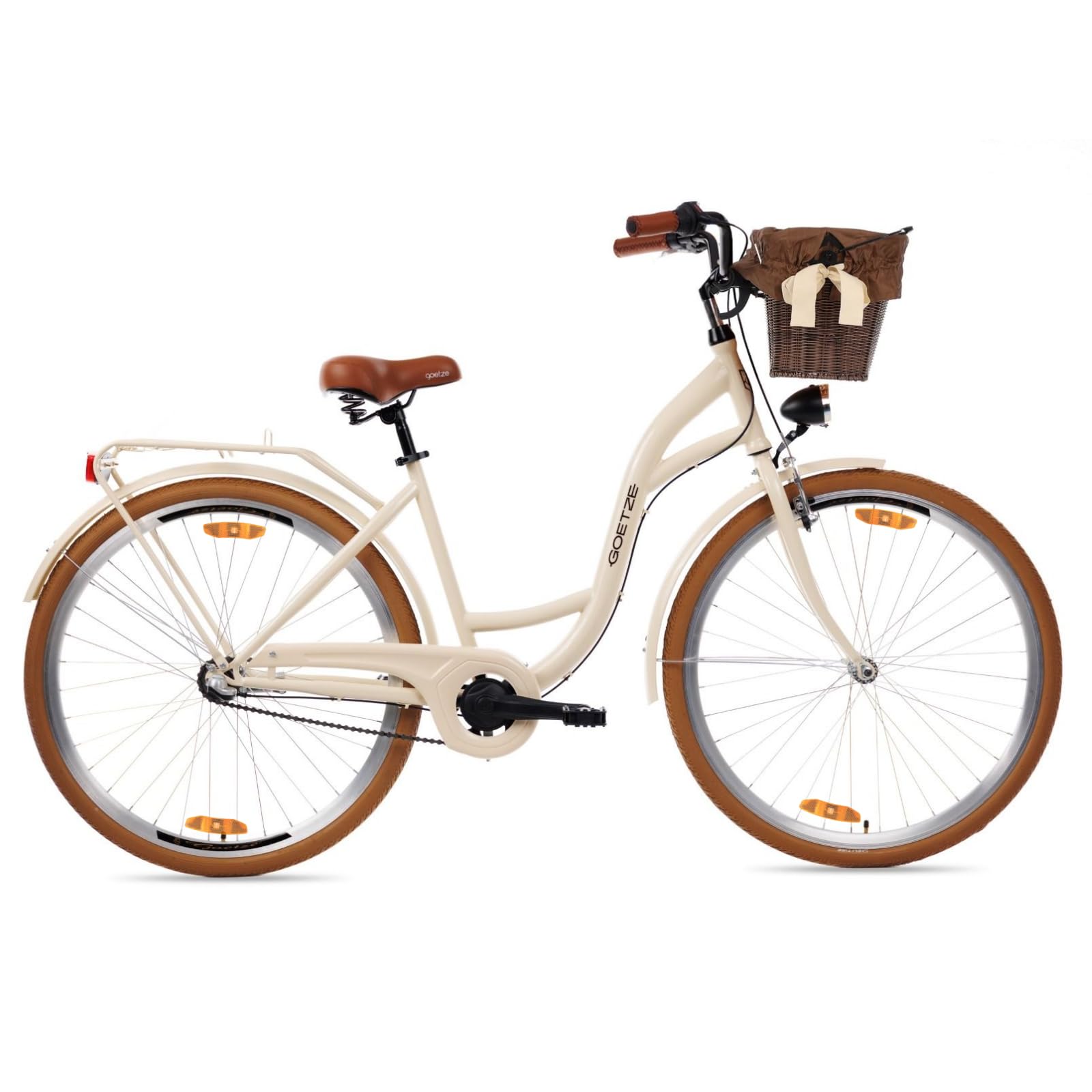 Goetze Style 28 Zoll Damen Citybike, 18 Zoll Tiefeinsteiger, 3-Gang Nabenschaltung, Rücktrittbremse und V-Bremse, LED-Beleuchtung, Rattankorb, Komfortsattel, mit Seitenständer & Klingel