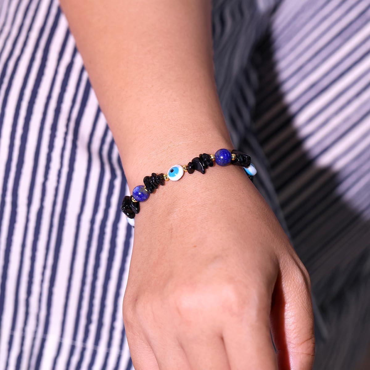 Jewever Black Tourmaline/Lapis Lazuli/Evil Eye Bracelets Triple Protection Crystal Chips Beaded Bracelets for Women Jewelry Gifts - Image 5