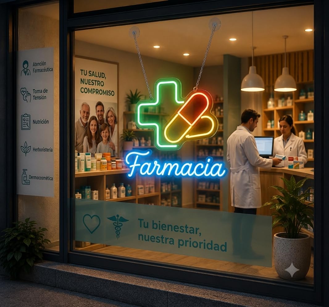 Letrero Farmacia Cartel Luminoso LED Escaparate, Decoración de Pared en Metacrilato, Luz Brillante, aproximadamente 60cm alimentación 12v