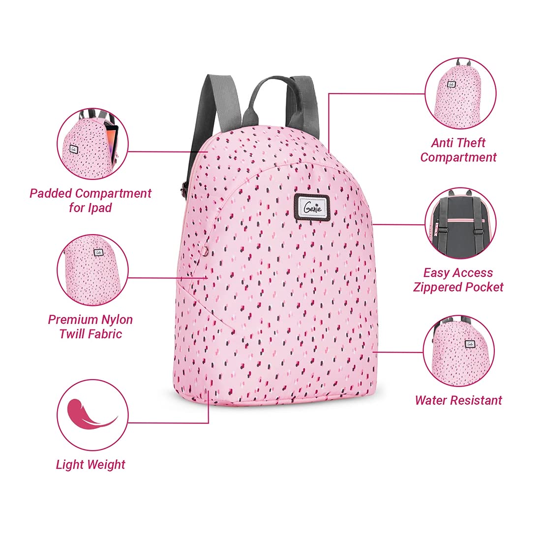 Genie Spritz Casual Backpack, Rose | Lightweight Daypack for College, Travel & Daily Use | Women & Girls