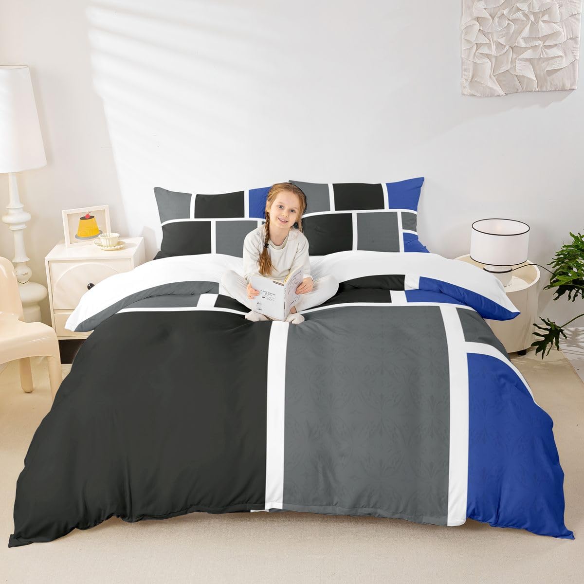 jejeloiu Color Block Bedding Set Full Size Blue Black Grey Comforter Cover Set for Kids Teens Adults Geometric Modern Duvet Cover Room Decorations 3Pcs with 2 Pillow Cases