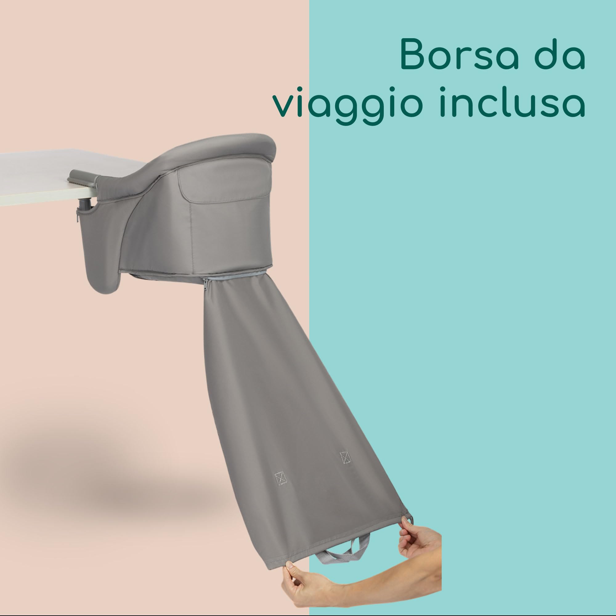 Bebeconfort Malva, Seggiolino da Tavolo per Bambini, 6 Mesi-3 Anni (15kg), Aggancio Sicuro, Seduta imbottita, Tessuti Morbidi, Seggiolino da tavolo pieghevole chiusura compatta, 1,8kg, Mineral Grey