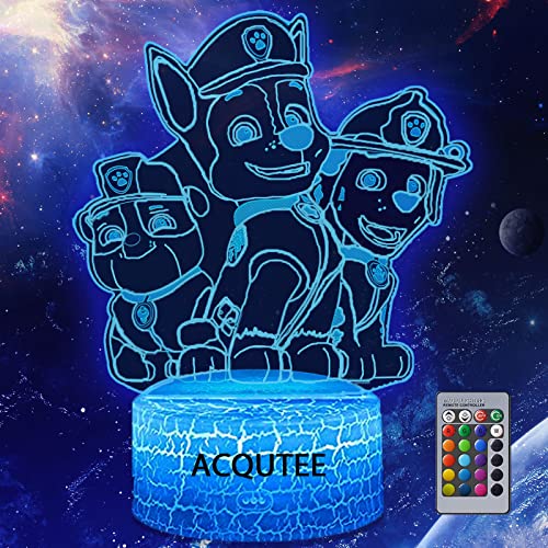 ACQUTEE Paw Dog Patrol Veilleuse pour Enfants, 3D LED Illusion Lampe 16 Couleurs Changeantes Dimmable Paw Dog Jouet Garçons Anniversaire Noël Cadeaux Chien Patrouille Lampe pour Garçons Chambre Décor
