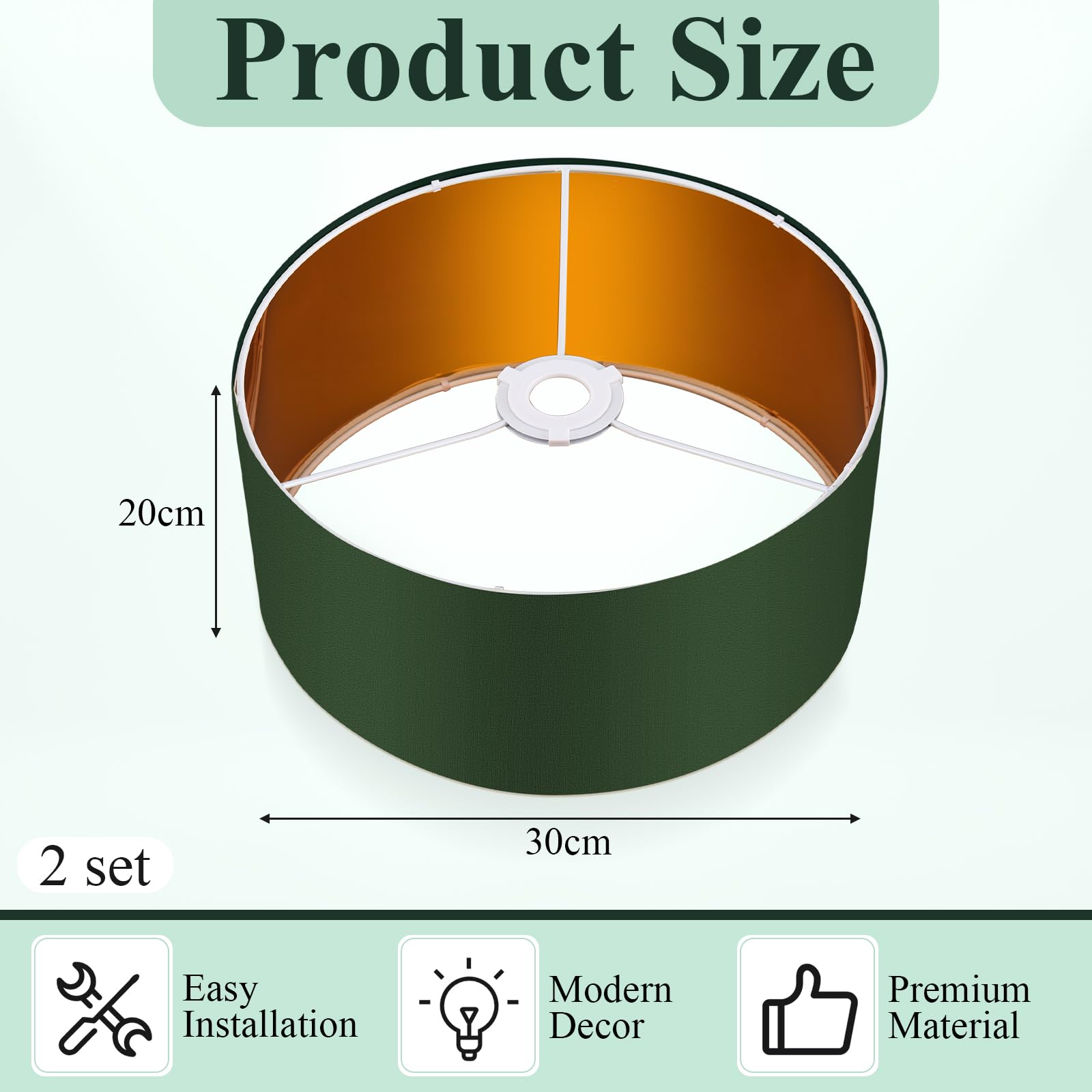 Weewooday 2 Pack Green Lampshade for Ceiling 12" Modern Golden Inner Drum Lamp Shade with E27 to E14 Lamp Shade Adapter Ring for Pendant Lights Table or Bedside Floor Lights - Image 3